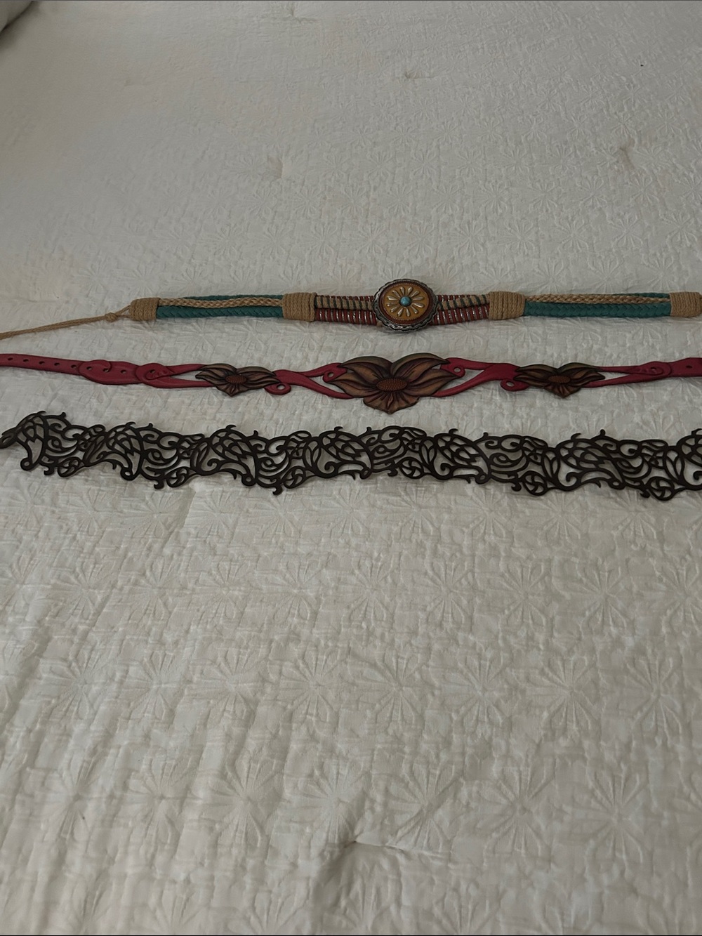 Boho Turquoise Cord & Red Floral Leather Belt Set